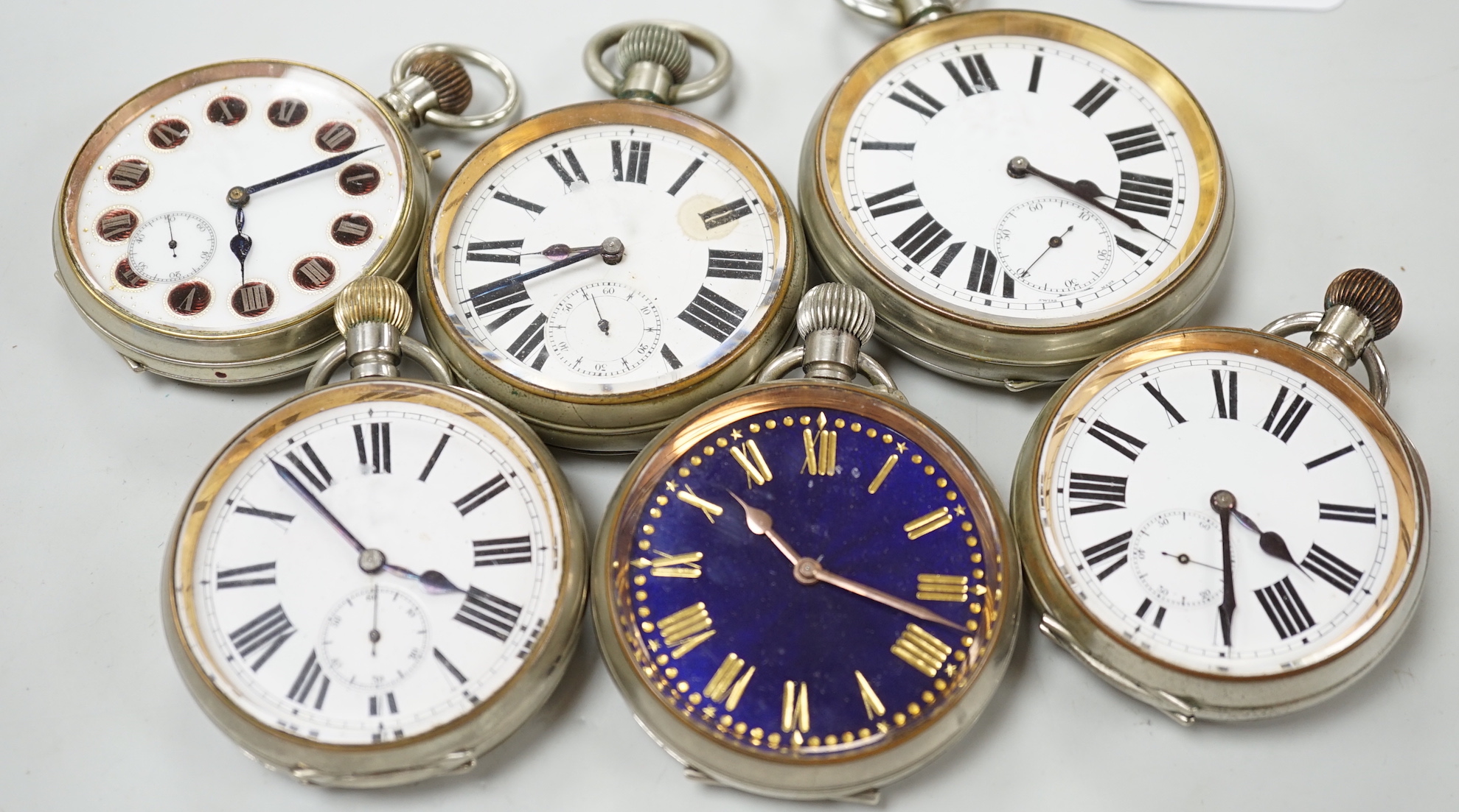 Six assorted Goliath pocket watches, largest diameter 77mm.